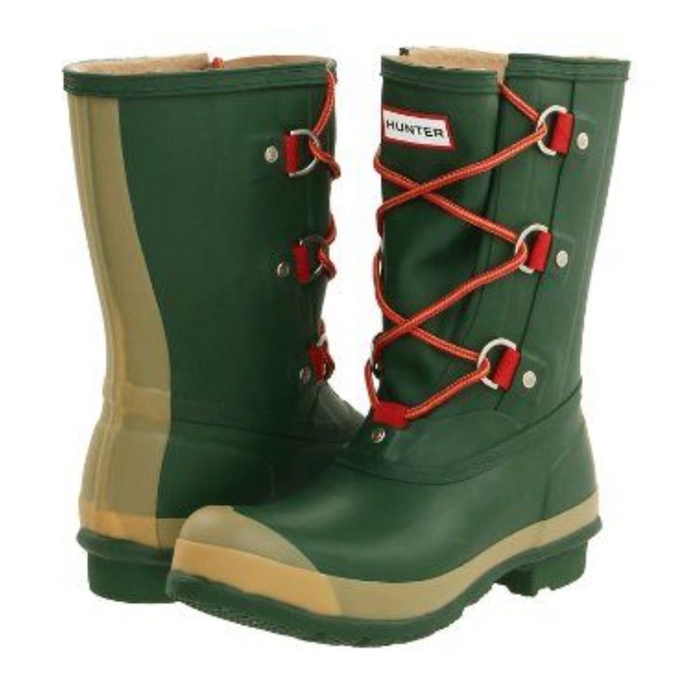 Hunter Green and Tan Lace-Up Winter Rain Boots